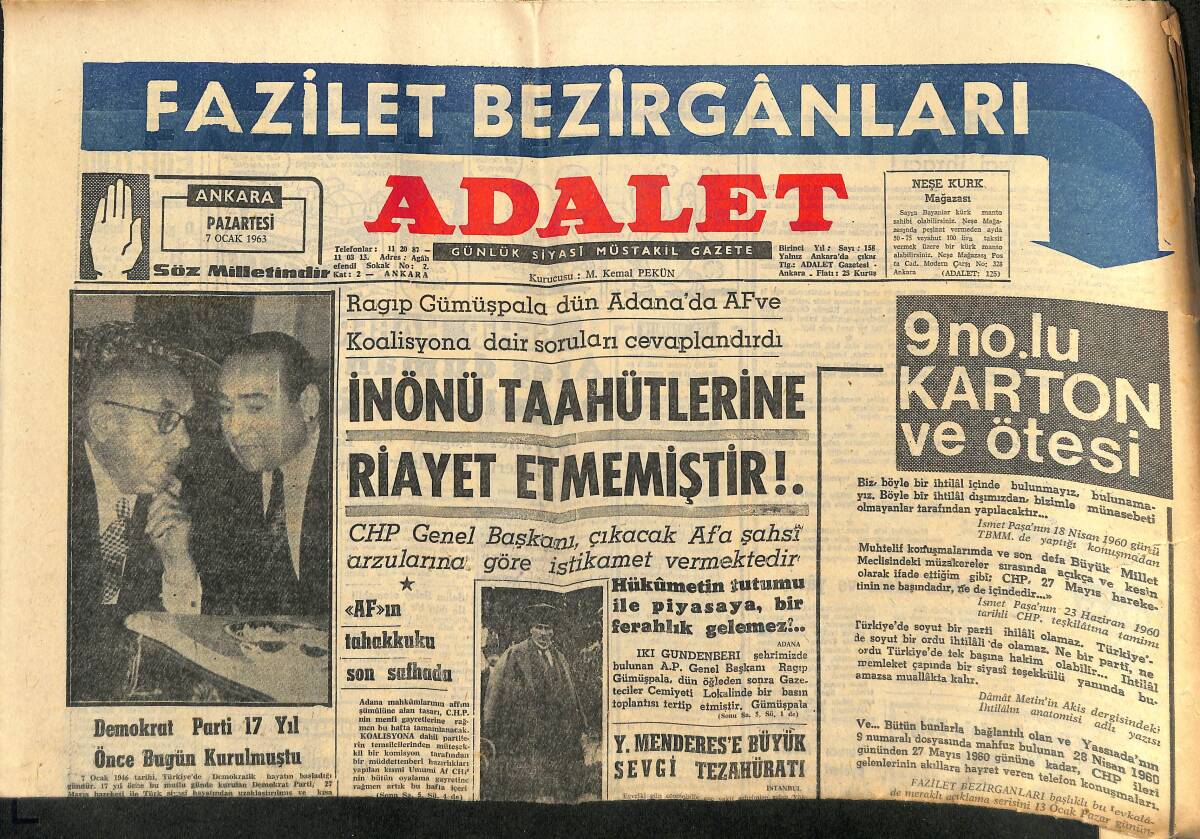 Adalet Gazetesi 7 Ocak 1963 - İsmet İnönü Taahütlerine Riayet Etmemiştir! - İnci Koalisyon Neden Bozuldu? GZ139874 - 1