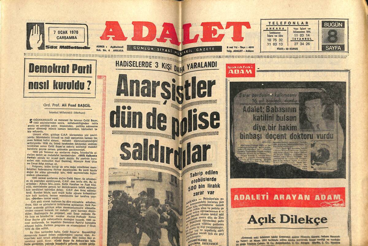 Adalet Gazetesi 7 Ocak 1970 - Anarşistler Dün de Polise Saldırdılar - Grip Salgını Devam Ediyor GZ143367 - 1