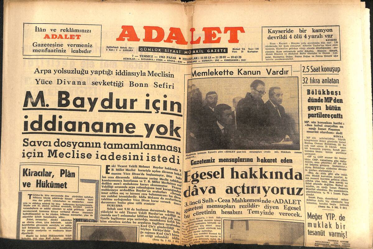 Adalet Gazetesi 7 Temmuz 1963 - M. Baydur İçin İddianame Yok - Muhabbet Tellalları Meydan Kavgası Yaptı! GZ139808 - 1