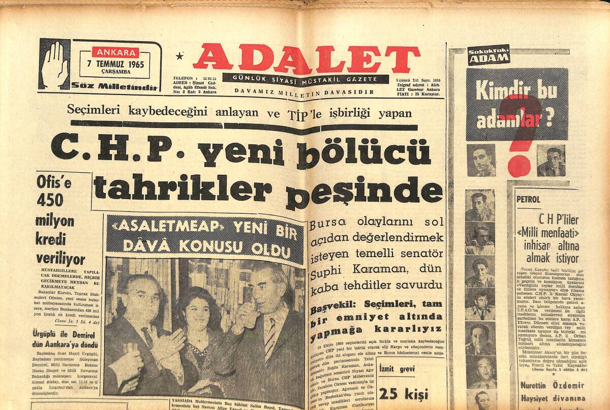 Adalet Gazetesi 7 Temmuz 1965 - CHP Yeni Bölücü Tahrikler İçinde - Amerika'yı Saran Çıplak Filmler - Türkeş'in Gezisi Alaka Görmüyor GZ139566 - 1