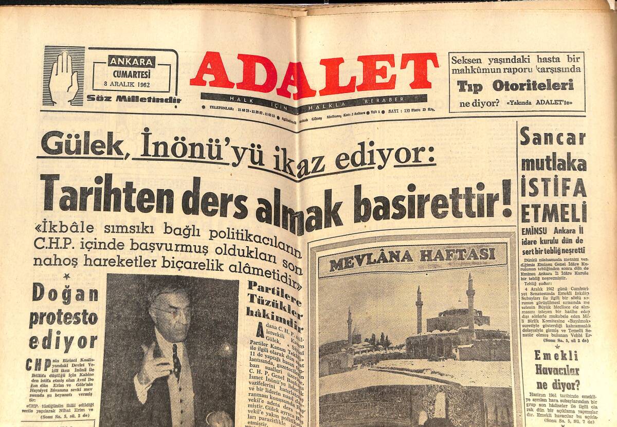 Adalet Gazetesi 8 Aralık 1962 - Sancar Mutlaka İstifa Etmeli - CHP Mensupları Yine Ocak Bucak Teşkilatı İstiyor GZ138585 - 1