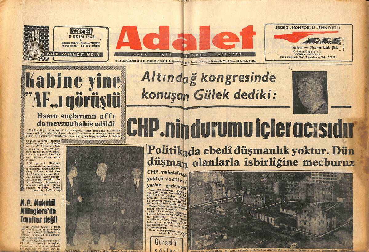 Adalet Gazetesi 8 Ekim 1962 - CHP'NİN Durumu İçler Acısıdır - R. Gümüşpala Milli Koalisyon Teklifi Haberlerini Yalanladı! GZ139832 - 1