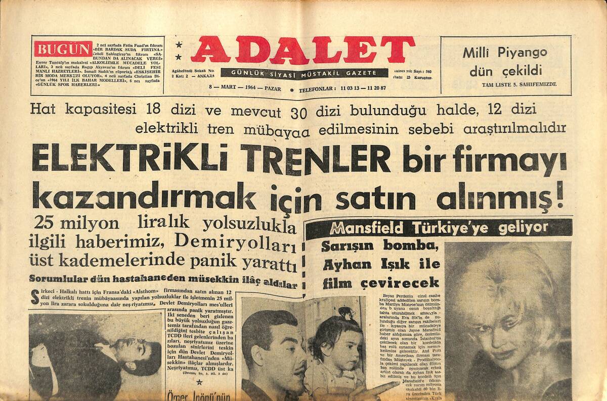 Adalet Gazetesi 8 Mart 1964 - Ömer İnönü'nün Ortağı Korunuyor! - 20-21 Mayıs Olayları Sanıklarından 23 Kişi Hakkındaki Ceza Dün Tasdik Edildi! GZ139818 - 1