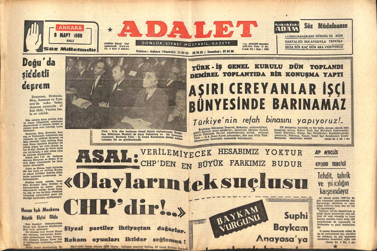 Adalet Gazetesi 8 Mart 1966 - Olayların Tek Suçlusu CHP'DİR!... - Doğu'da Şiddetli Deprem! GZ139672 - 1