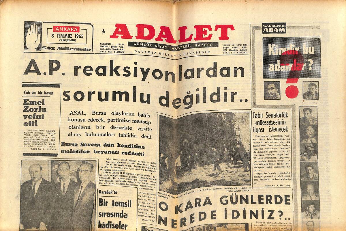 Adalet Gazetesi 8 Temmuz 1965 - Emel Zorlu Vefat Etti - Avrupa'nın Yaramaz Çocuğu De Gaulle - Muammer Baykan Yurda Avdet Etti GZ139567 - 1