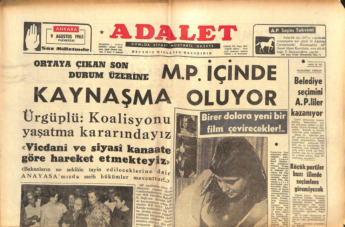 Adalet Gazetesi 9 Ağustos 1965 - TRT, CHP ve TİP Kol Kola - Fransız Film Artistleri İçinde En Çok Döviz Getiren Brigitte Bardot GZ139584 - 1