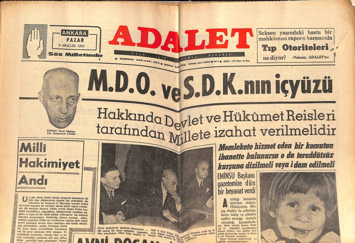 Adalet Gazetesi 9 Aralık 1962 - CHP'li Eminsu Mensupları İstifa Ediyor - Ankaragücü Alkış Topladı Fakat Fenerbahçe Kazandı GZ138586 - 1
