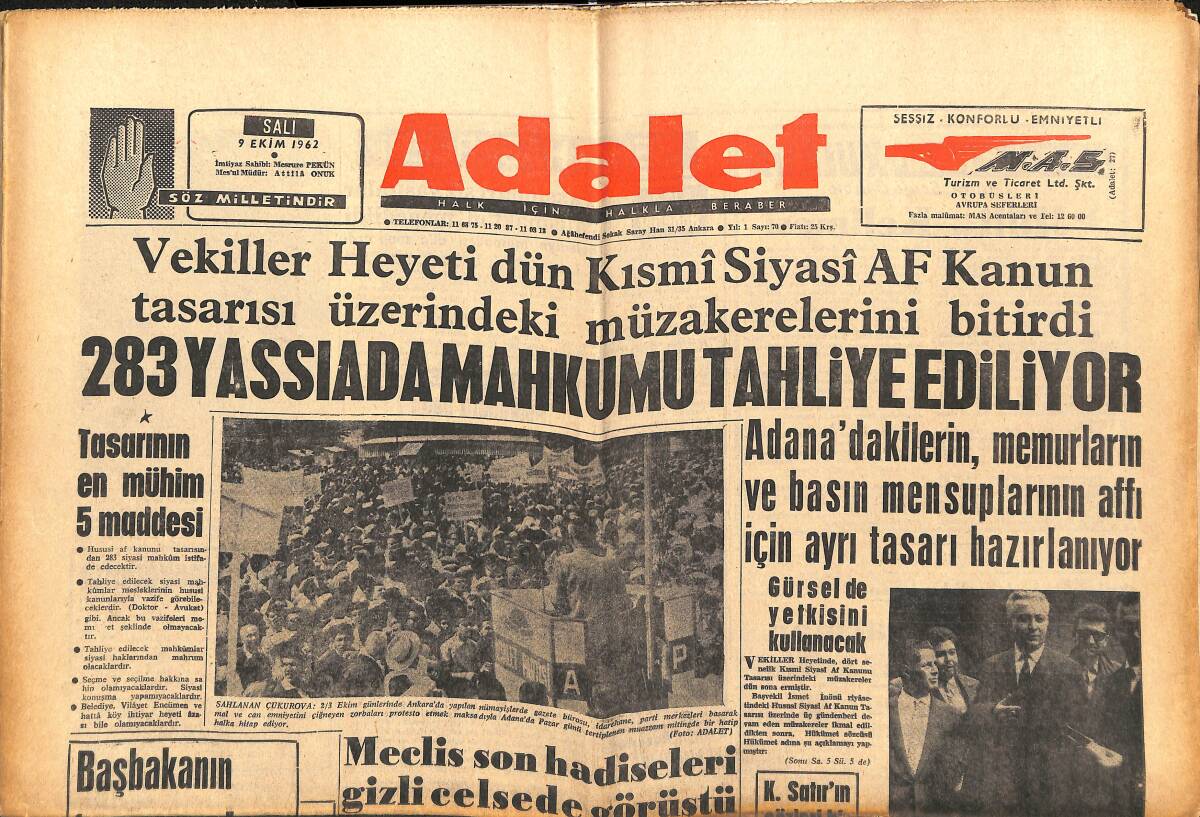Adalet Gazetesi 9 Ekim 1962 - Lolitayı Görmek İçin Sinemaların Kapılarında - 283 Yassıada Mahkumu Tahliye Ediliyor GZ139728 - 1