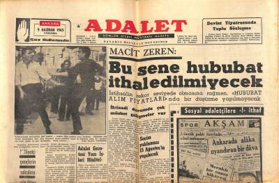 Adalet Gazetesi 9 Haziran 1965 - D.D.Y. İflasa Doğru Gidiyor - Macit Zeren Bu Sene Hububat İthal Edilmiyecek GZ121714 - 1