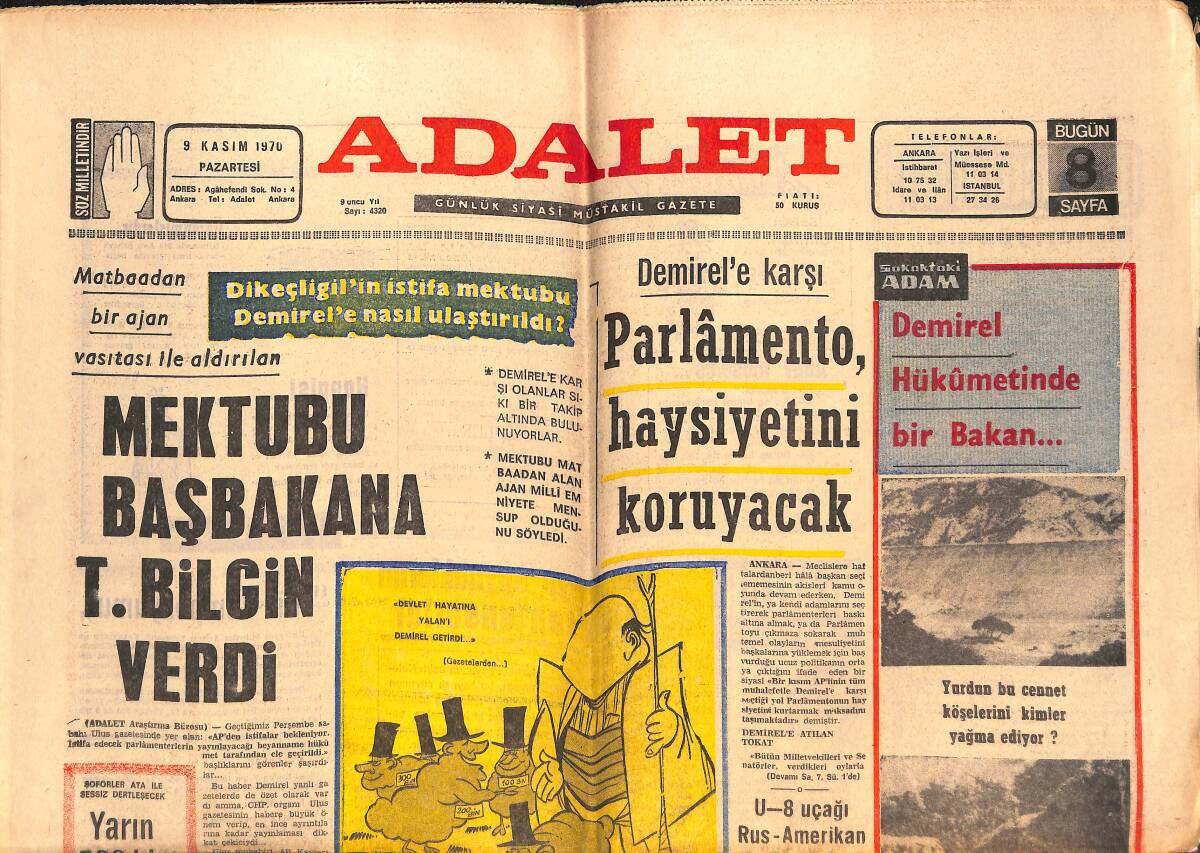 Adalet Gazetesi 9 Kasım 1970 - Mektubu Başbakana T. Bilgin Verdi - Süleyman Demirel'e Karşı Parlamento, Haysiyetini Koruyacak! GZ139626 - 1