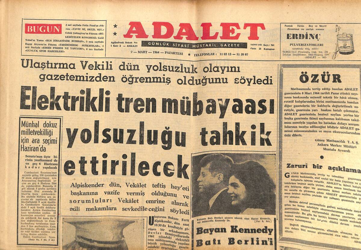 Adalet Gazetesi 9 Mart 1964 - Bayan Kennedy Batı Berlin'i Ziyaret Edecek! - Aydemir Ve 3 Arkadaşı İle İlgili Tasarı Senatoda Görüşülecek! GZ139817 - 1