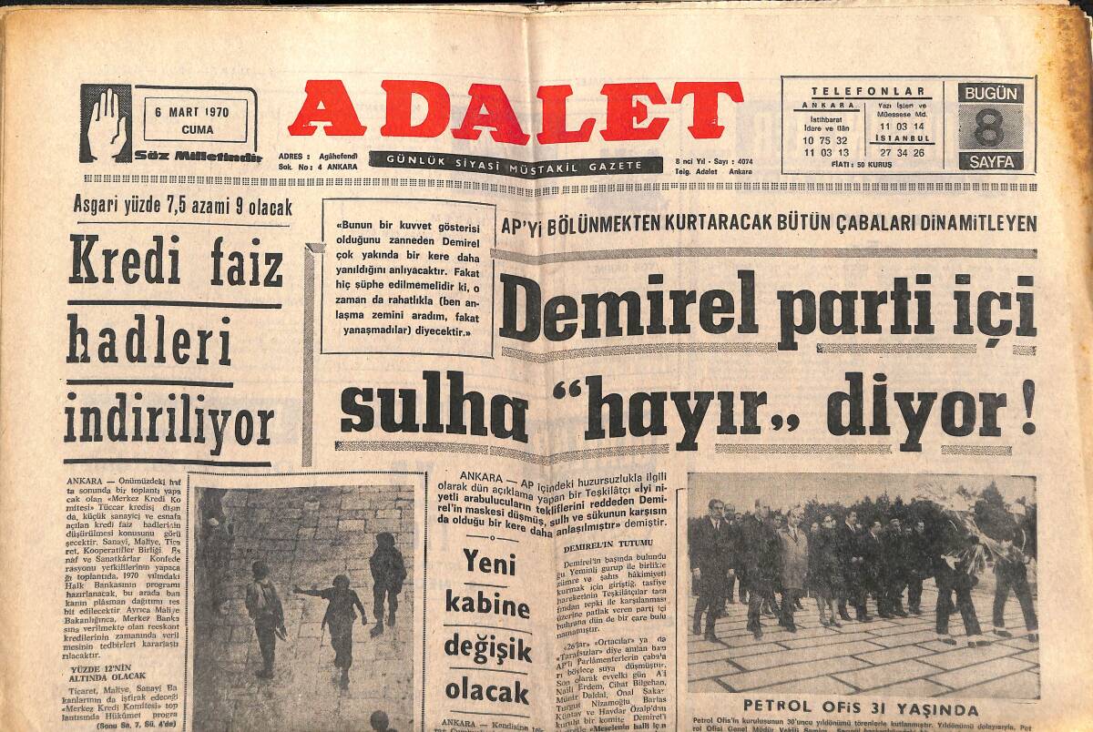 Adalet Gazetesi 9 Mart 1970 - Demirel Parti İçi Sulha Hayır Diyor - Petrol Ofisi 31 Yaşında - Sophia Loren'in Köyü Tehlikede GZ139729 - 1