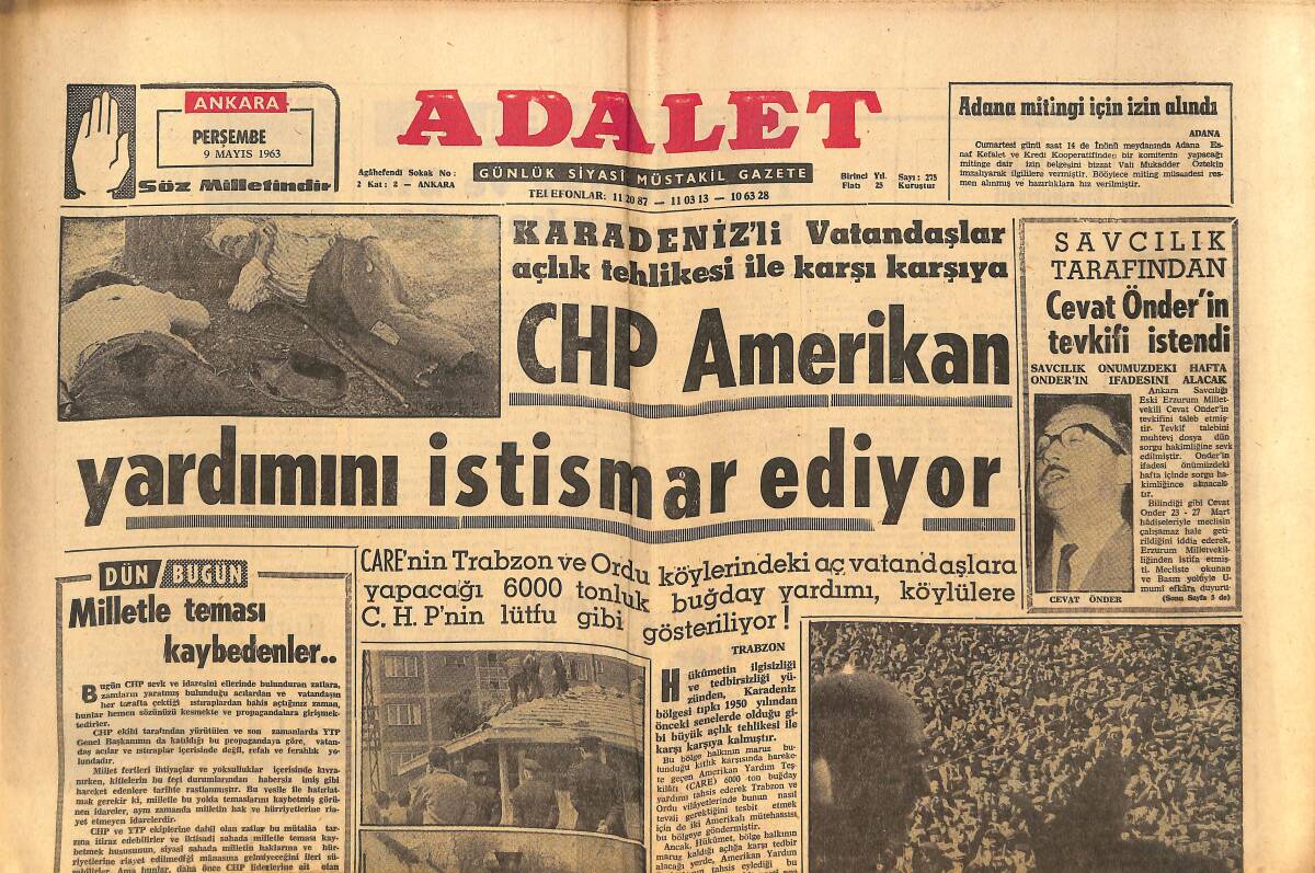Adalet Gazetesi 9 Mayıs 1963 - CHP Amerikan Yardımını İstismar Ediyor - Savcılık Tarafından Cevat Önder'in Tevkifi İstendi! GZ139697 - 1