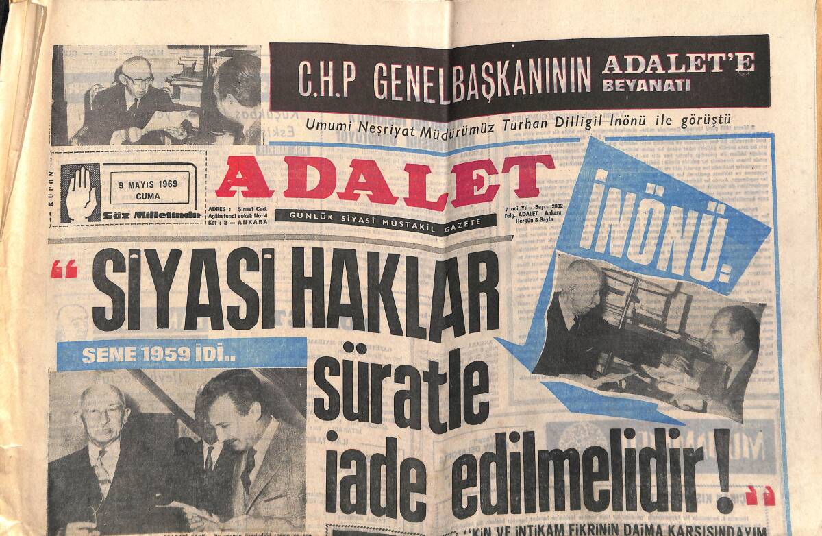 Adalet Gazetesi 9 Mayıs 1969 - İnönü 