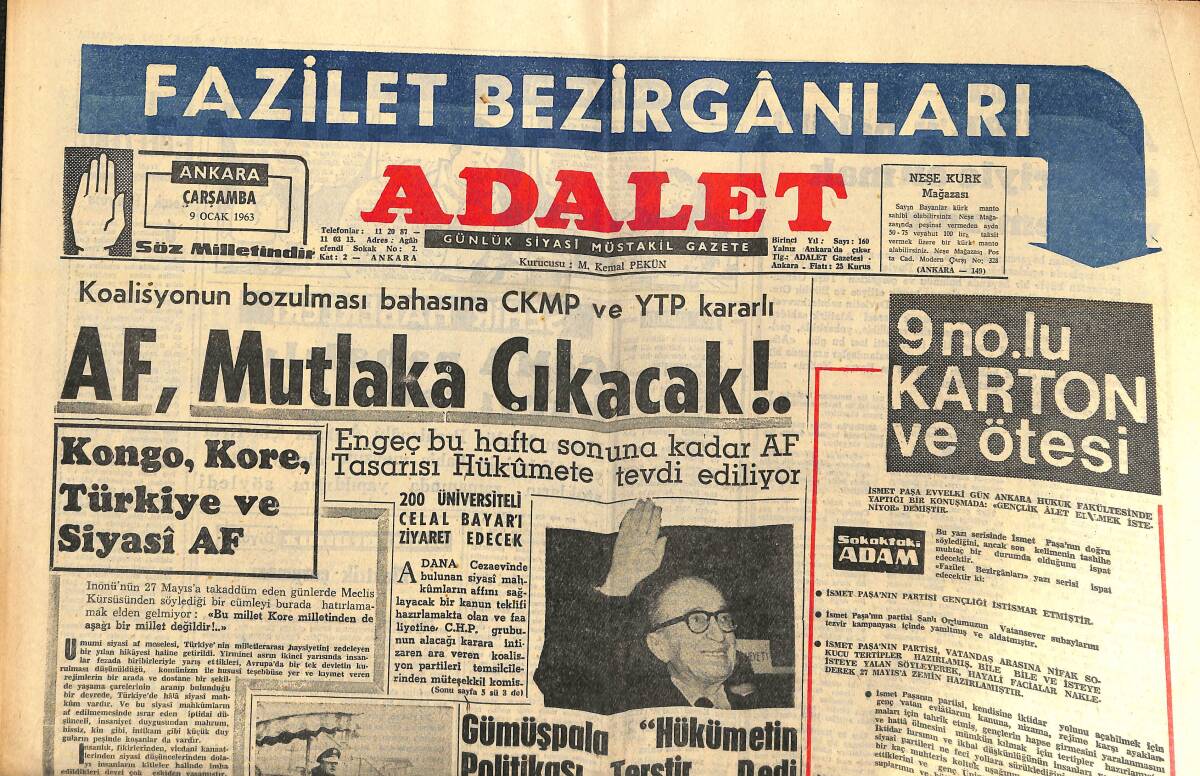 Adalet Gazetesi 9 Ocak 1963 - 200 Üniversiteli Celal Bayar'ı Ziyaret Edecek - Ragıp Gümüşpala: Hükümetin Politikası Terstir! GZ139877 - 1
