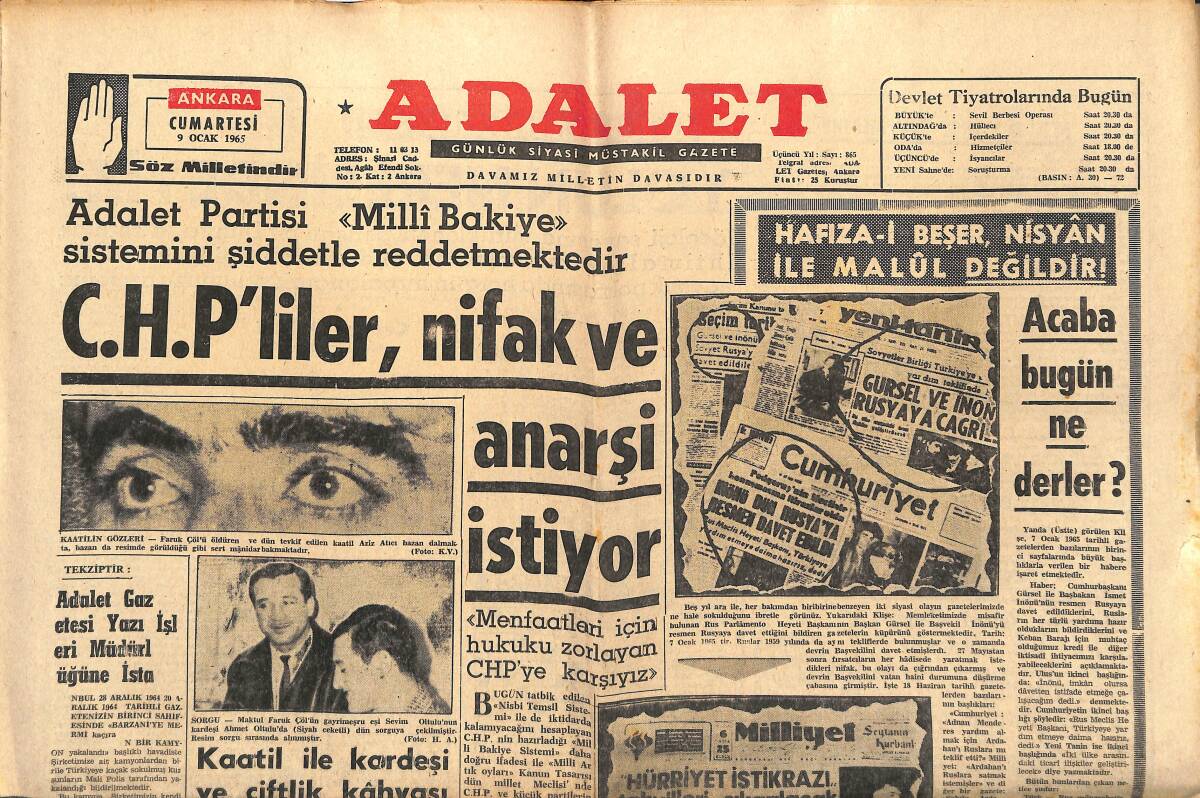 Adalet Gazetesi 9 Ocak 1965 - CHP'liler Nifak Ve Anarşi İstiyor - Galatasaray Bugün Geliyor - Milli Takım Belli Oldu GZ139731 - 1