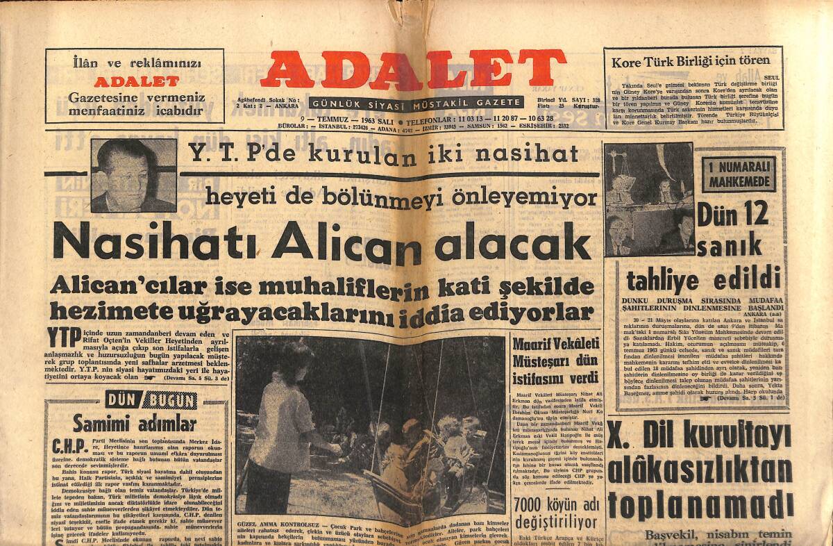 Adalet Gazetesi 9 Temmuz 1963 - General Hariri Azledildi - Maarif Vekaleti Müsteşarı Dün İstifasını Verdi! GZ139860 - 1