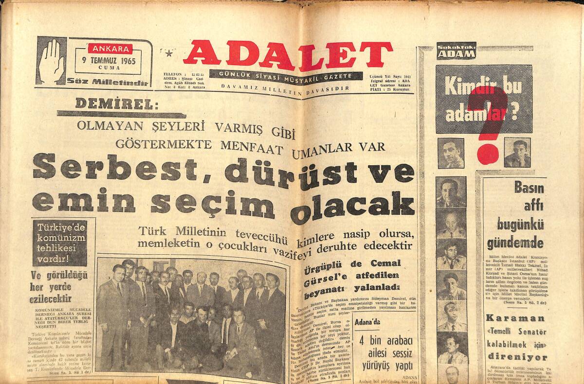 Adalet Gazetesi 9 Temmuz 1965 - 11 Havacı Subay Dün CHP'ye Girdi - Fenerbahçe Üzgün Galatasaray Sevinçli - Taçsız Kral Filmin Çekimleri Başladı GZ139568 - 1