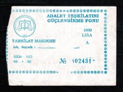 Adalet Teşkilatını Güçlendirme Fonu Tahsilat Makbuzu 1000 Lira EFM398 - 2