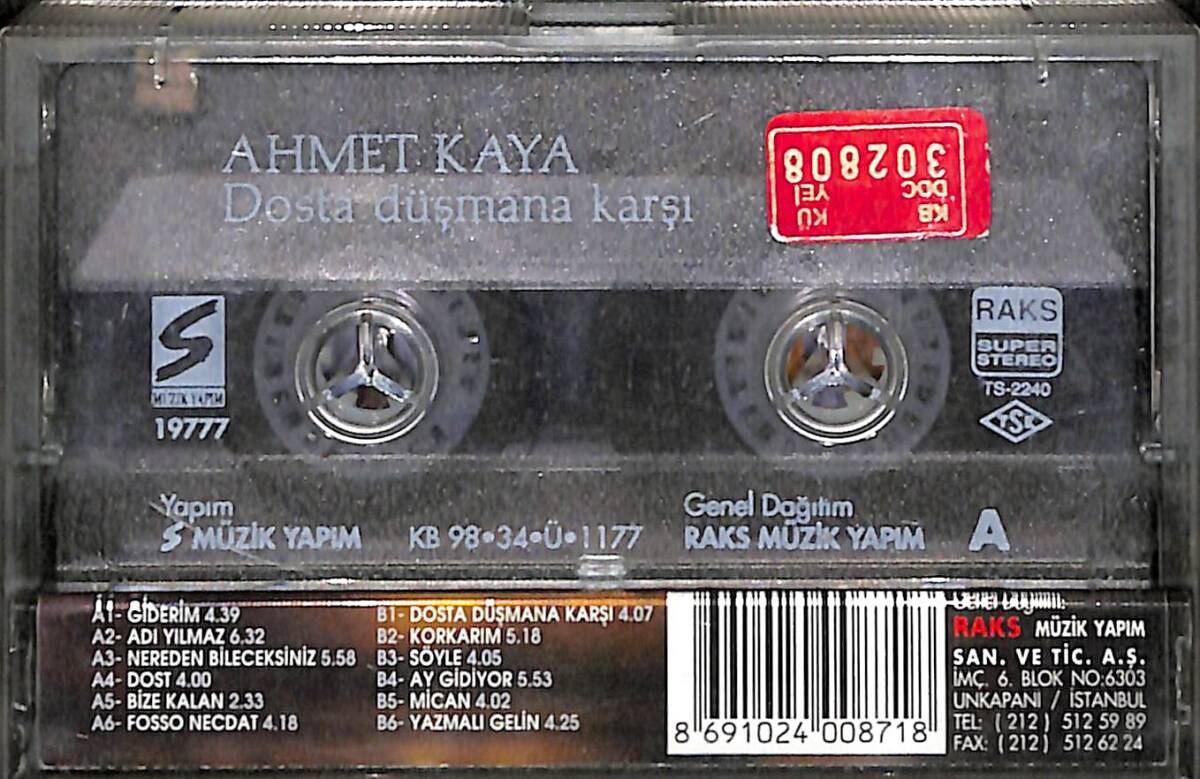 Ahmet Kaya – Dosta Düşmana Karşı Orijinal Kaset (İkinci El) * S Müzik / Raks Müzik - 1998 - Kırmızı Bandrol * KST31165 - 2