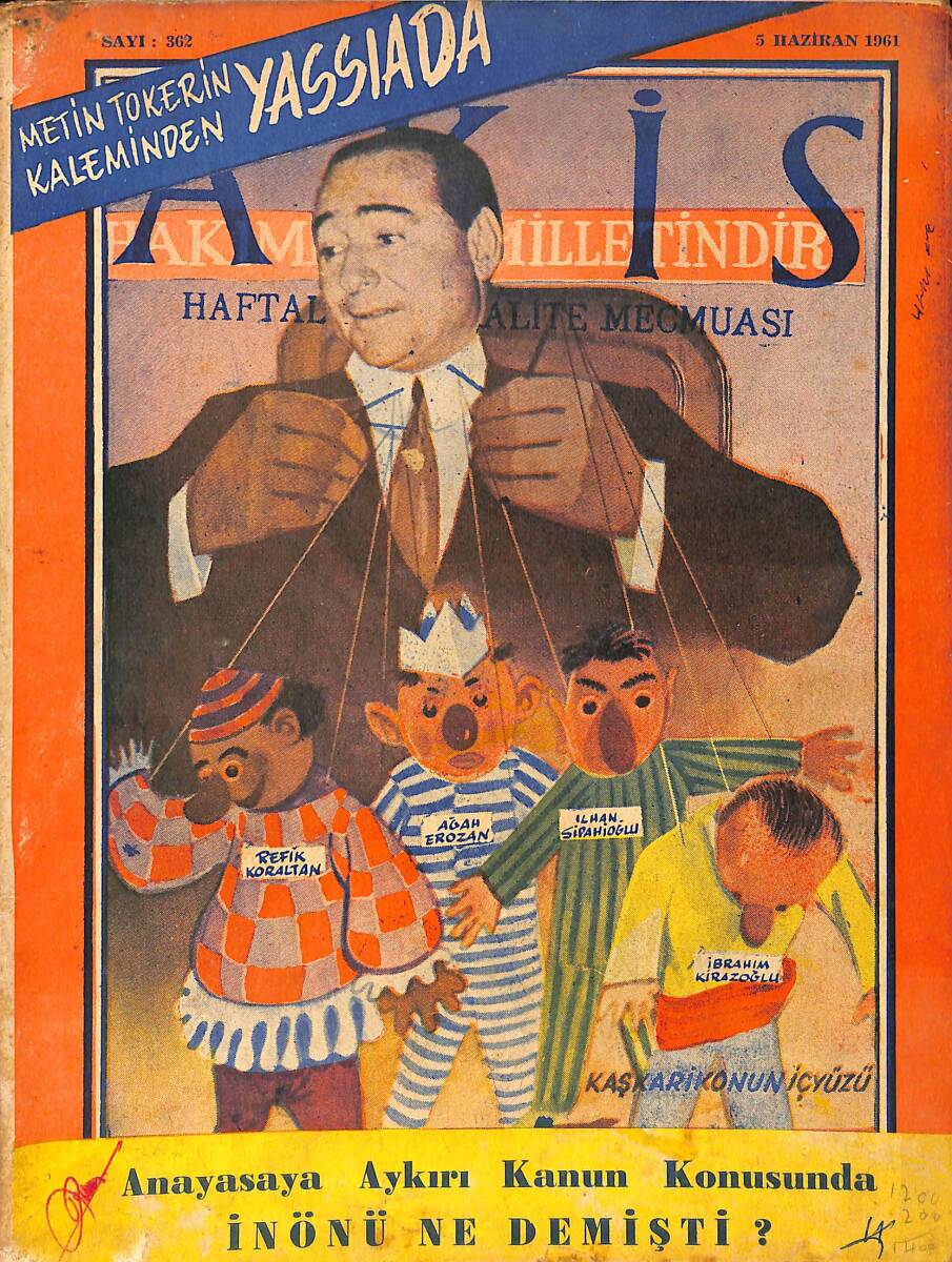 Akis Haftalık Aktüalite Dergisi 5 Haziran 1961 Sayı : 362 - Kapak : Bir Oyun Ve Aktörleri - Anayasaya Aykırı Kanun Konusunda İnönü Ne Demişti ? NDR90893 - 1