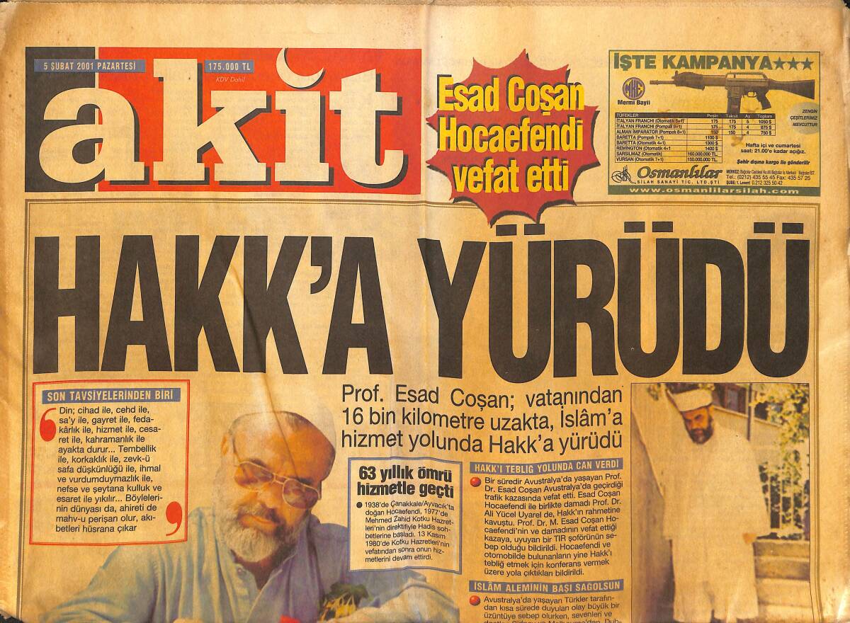 Akit Gazetesi 5 Şubat 2001 - Esad Coşan Hoca Efendi Vefat Etti - CimBom'da Hagi Uyarılacak GZ151517 - 1