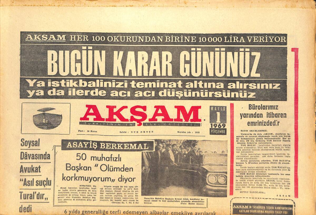 Akşam Gazetesi 1 Mayıs 1969 - Emekli Olacak Generaller Belli Oldu - Molnar'ın Veda Gecesine 4 Futbolcu Katıldı! GZ142631 - 1