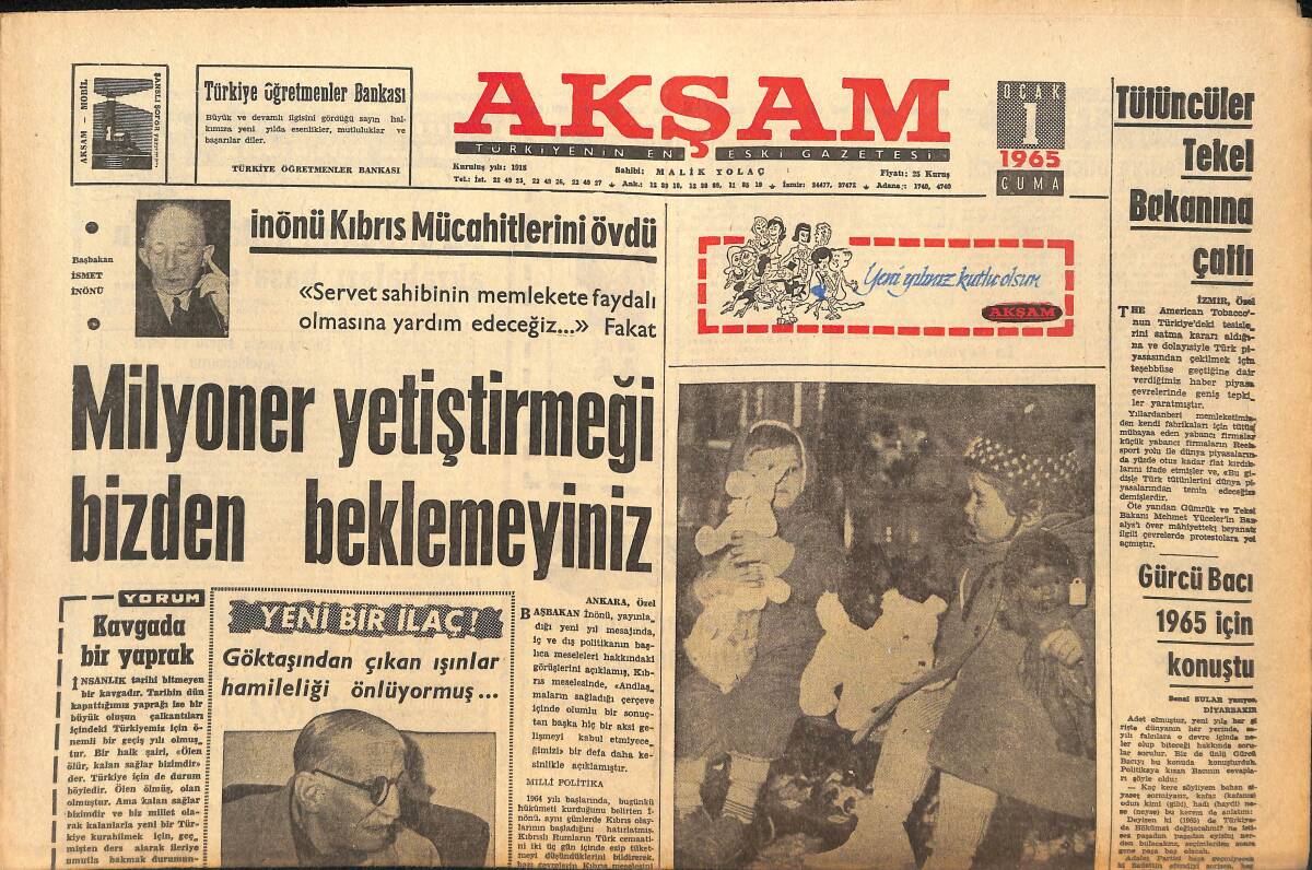 Akşam Gazetesi 1 Ocak 1965 - Fenerbahçe Ve Galatasaray Kadroları Belli Oldu - Ünlü Modacı Cardin Eski Defterleri Yokluyor GZ145307 - 1