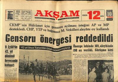 Akşam Gazetesi 10 Eylül 1964 - Gensoru Önergesi Reddedildi GZ77233 - 1