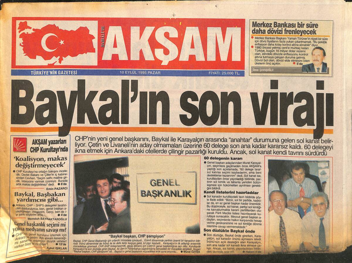 Akşam Gazetesi 10 Eylül 1995 - Baykal'ın Son Virajı - Hazine , Sümerbank'ı Marmara Bira'ya Verdi GZ147980 - 1