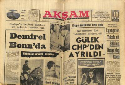 Akşam Gazetesi 10 Mayıs 1967 - Gülek CHPden Ayrıldı GZ77249 - 1