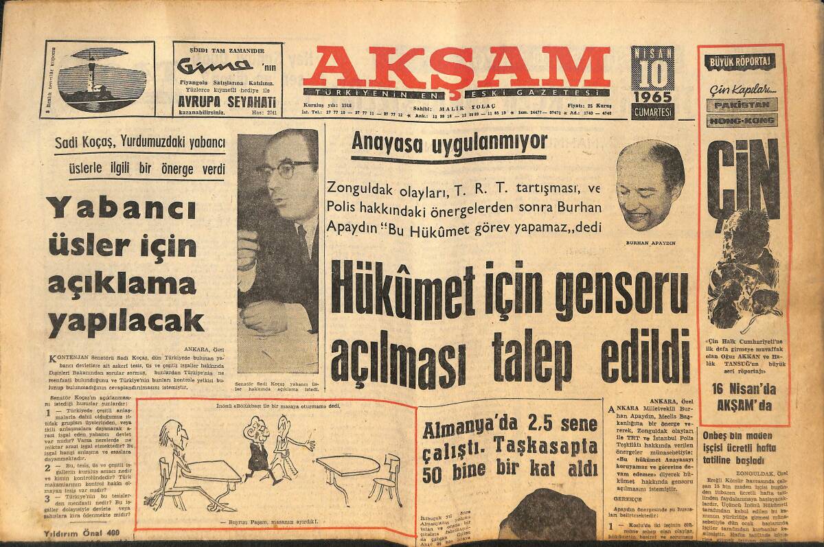 Akşam Gazetesi 10 Nisan 1965 - Hükümet İçin Gensoru Açılması Talep Edildi - Osman Bölükbaşı : Bay İnönü Serbesttir Dedi GZ146329 - 1