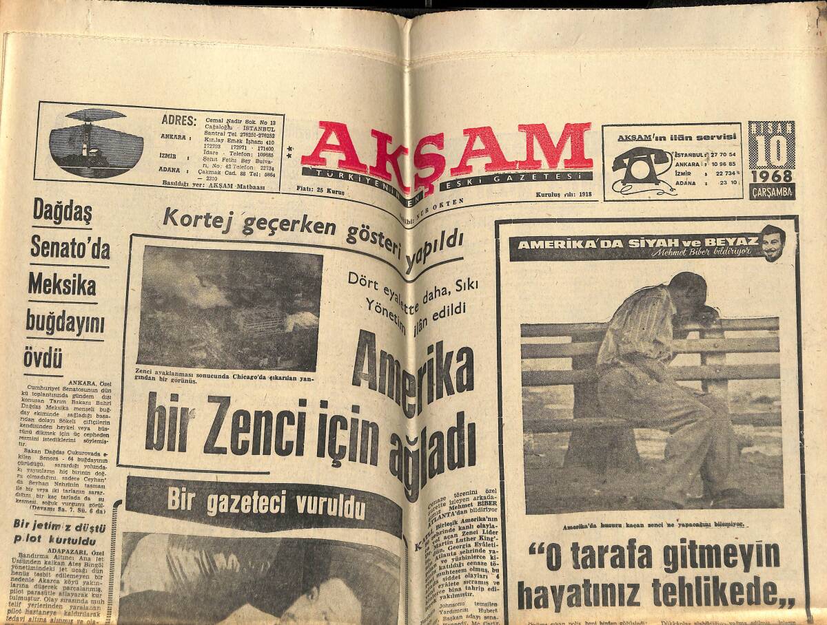 Akşam Gazetesi 10 Nisan 1968 - Amerika Bir Zenci İçin Ağladı! - Milli Takım İlk İdmanı Eksik Kadroyla Yaptı! GZ146019 - 1