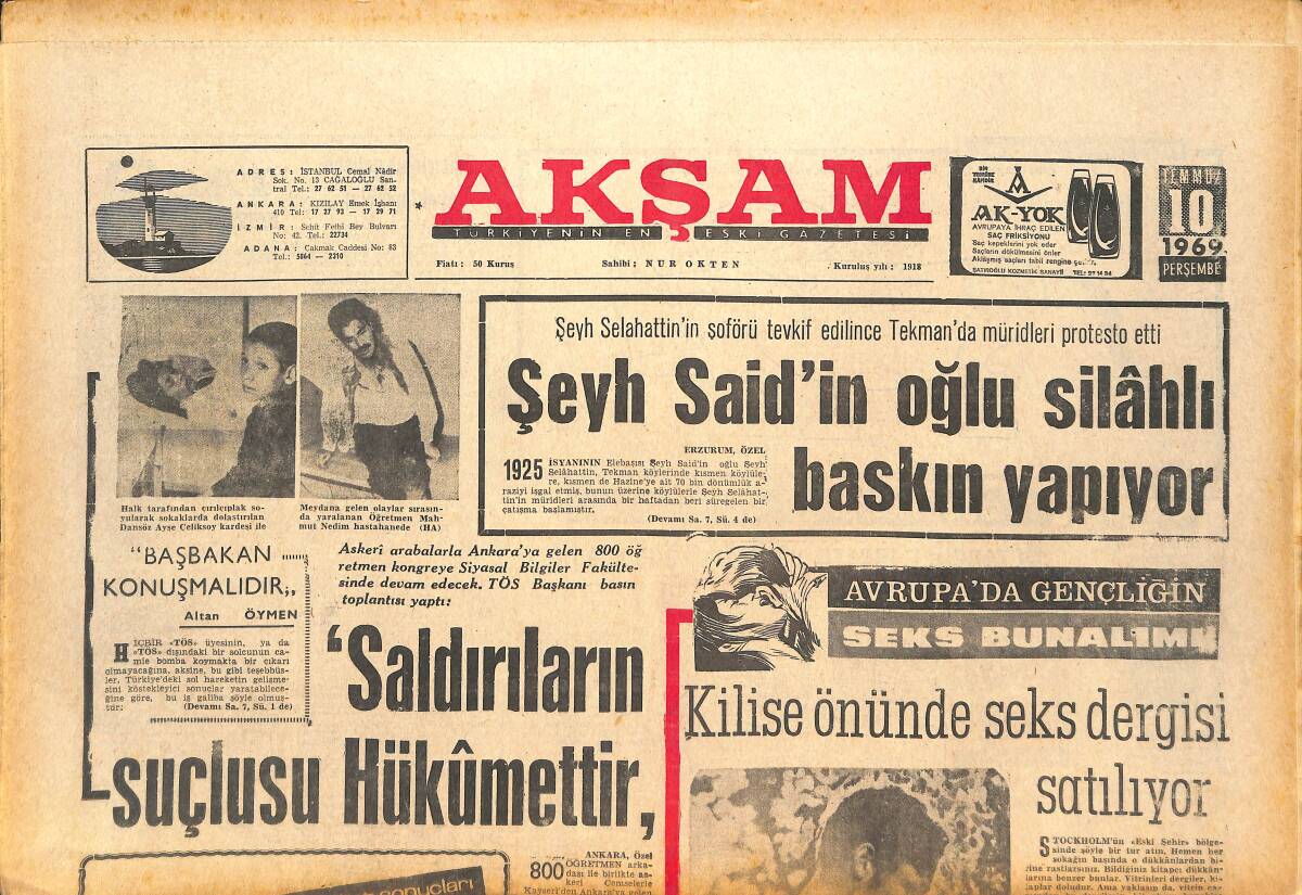 Akşam Gazetesi 10 Temmuz 1969 - Şeyh Said'in Oğlu Silahlı Baskın Yapıyor - Türkiye Şilebi Varna'da Tevkif Edildi! GZ143046 - 1