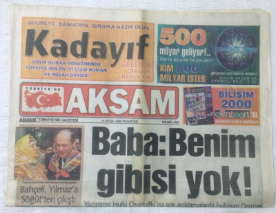 Akşam Gazetesi 11 Eylül 2000 - Bahçeli Yılmaza Söğütten Çıkıştı - GZ17493 - 2