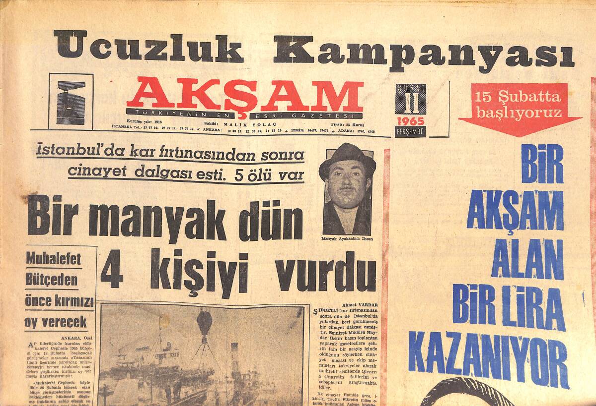 Akşam Gazetesi 11 Şubat 1965 - Gerilla Savaşı Bütün Güney Vietnama Yayıldı - Müzeyyen Senar İki Tokatla Nakavt Oluverdi! GZ144405 - 1