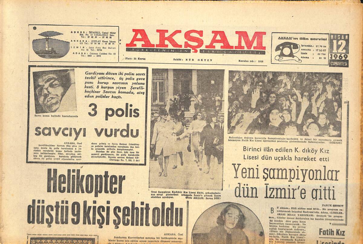 Akşam Gazetesi 12 Nisan 1969 - PTT'Nin Beşiktaş'a Verecek Puanı Yok! - Yeni Şampiyonlar Dün İzmir'e Gitti! GZ143505 - 1