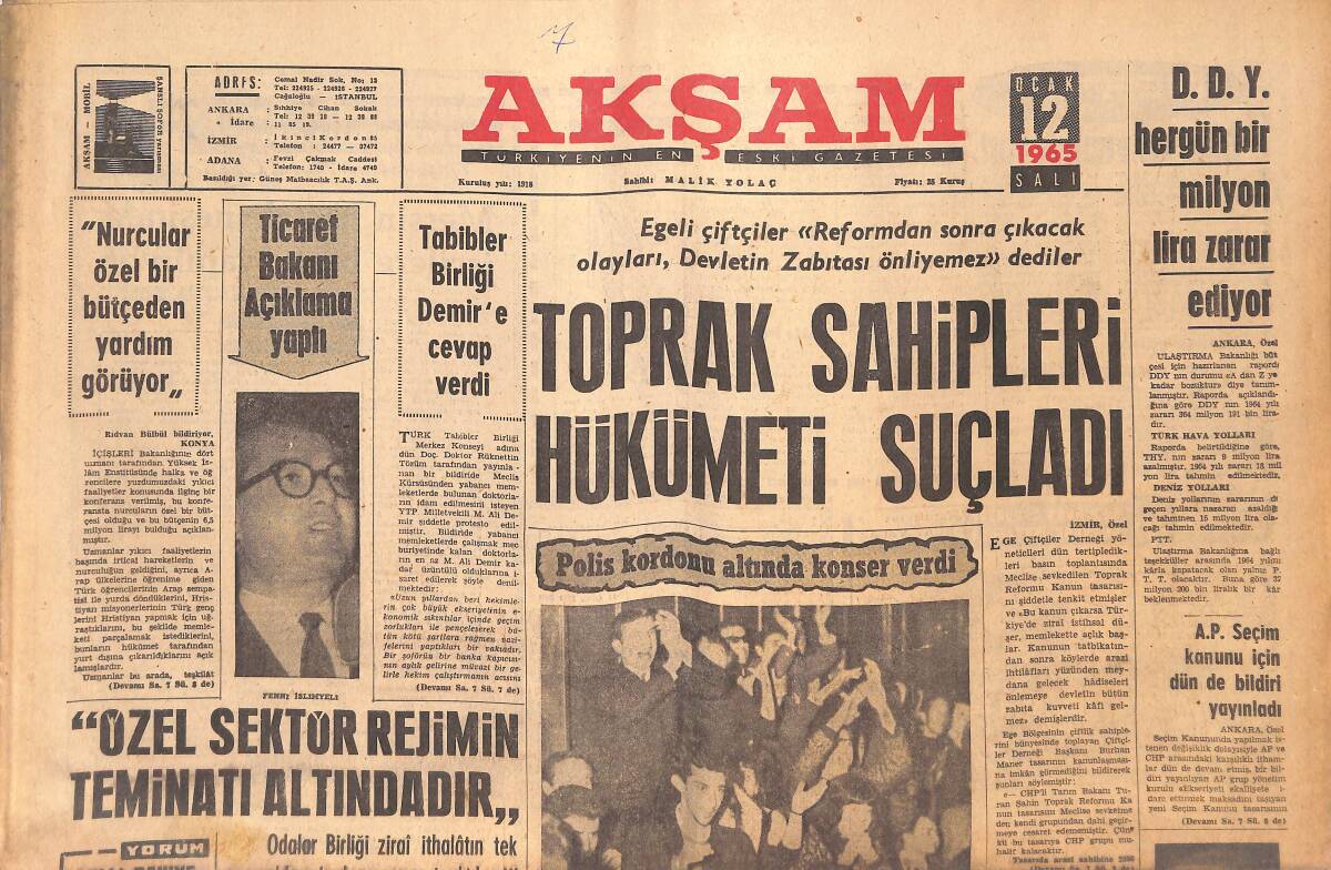 Akşam Gazetesi 12 Ocak 1965 - Denizcilik Bankası 4 Kola Bölünecek - Toprak Sahipleri Hükümeti Suçladı GZ144788 - 1