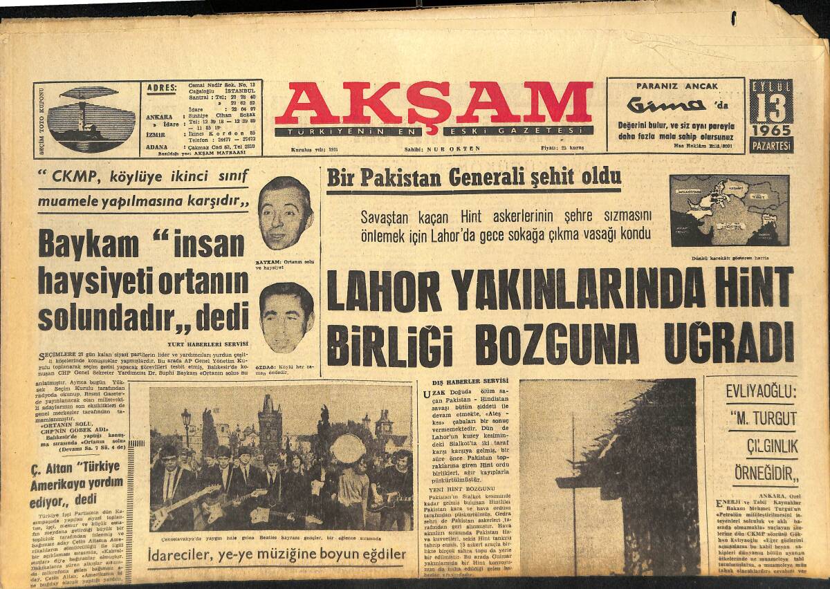 Akşam Gazetesi 13 Eylül 1965 - Lahor Yakınlarında Hint Birliği Bozguna Uğradı - Beatles Modası Demirperdeyi Aştı GZ145418 - 1
