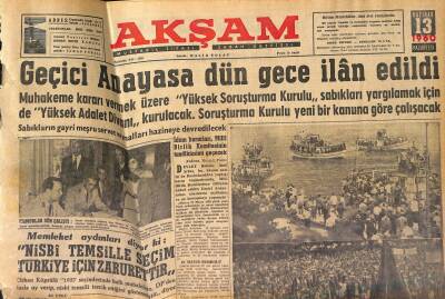 Akşam Gazetesi 13 Haziran 1960 - Geçici Anayasa Dün Gece İlan Edildi - Milli Birlik Komitesi Üyelerinin Adı Açıklandı GZ125305 - 1