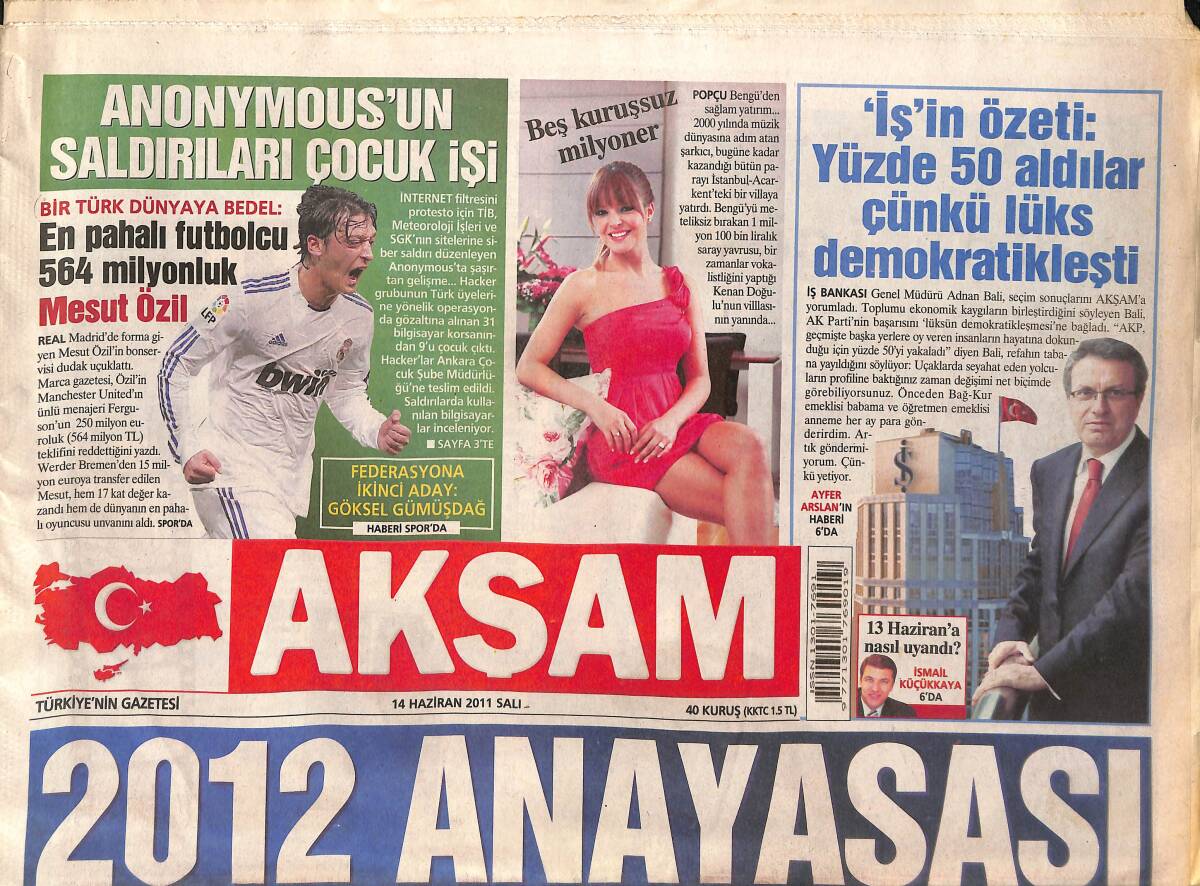Akşam Gazetesi 14 Haziran 2011 - Erdoğan: Sahada Kazanan Koltuğu Kapacak - Bengü Beş Kuruşsuz Milyoner! GZ136647 - 1