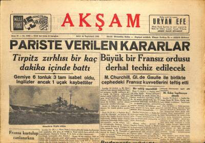 Akşam Gazetesi 14 Kasım 1944 - Pariste Verilen Kararlar GZ71442 - 1