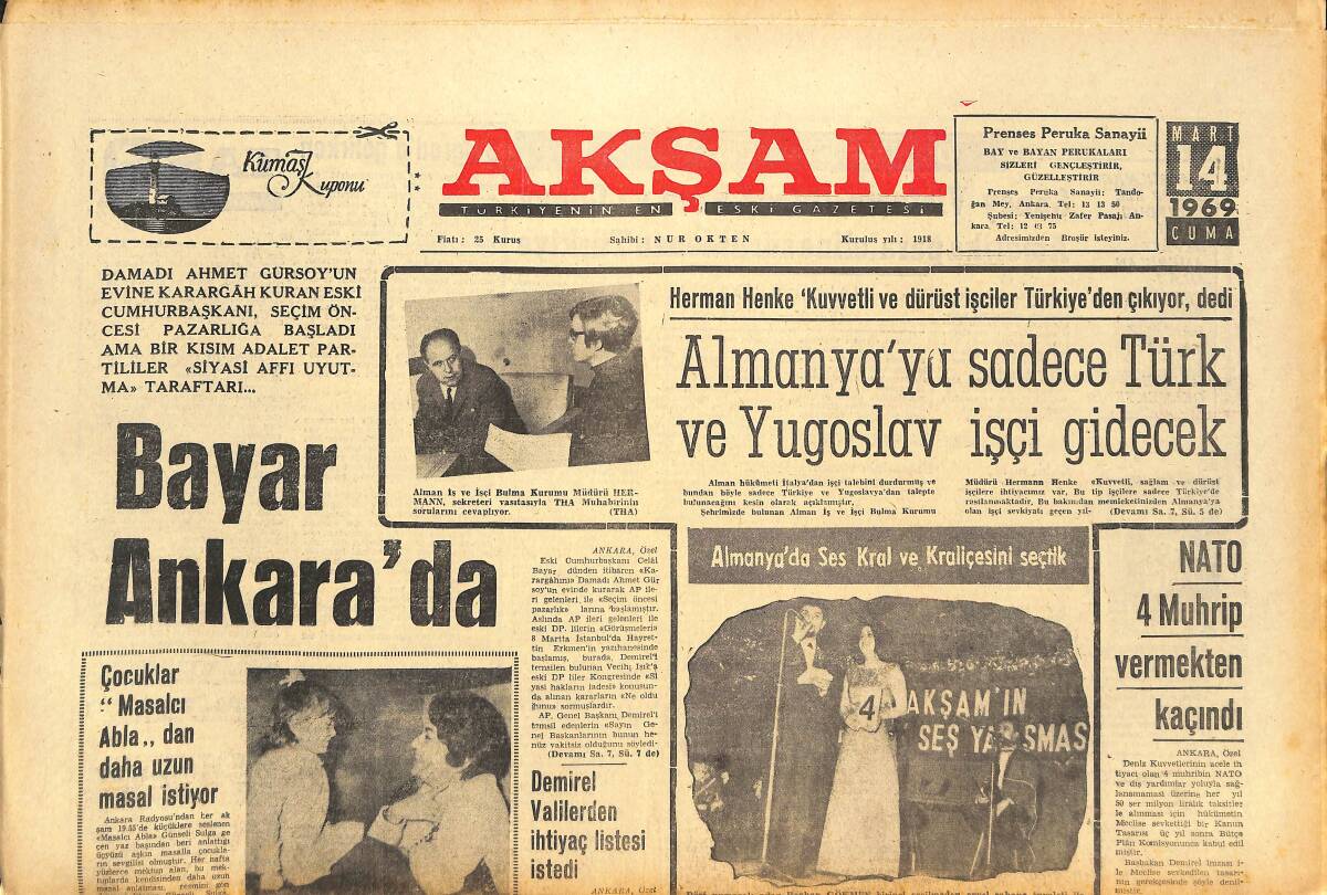 Akşam Gazetesi 14 Mart 1969 - NATO 4 Muhrip Vermekten Kaçındı - Yılın Maçı Tekrar Ali Sami Yen'e Alındı! GZ142611 - 1