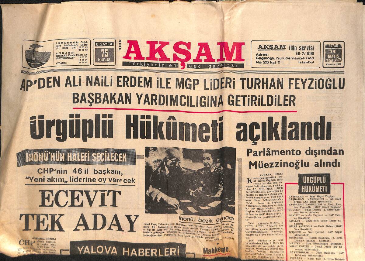 Akşam Gazetesi 14 Mayıs 1972 - Ürgüplü Hükümeti Açıkladı - İnönü Kurultaya Gitmiyor GZ134550 - 1