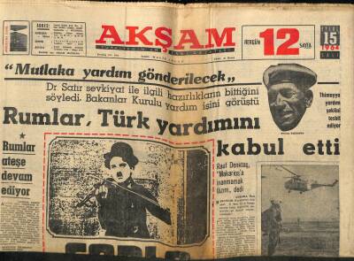 Akşam Gazetesi 15 Eylül 1964 - Rumlar , Türk Yardımını Kabul Etti GZ77238 - 1