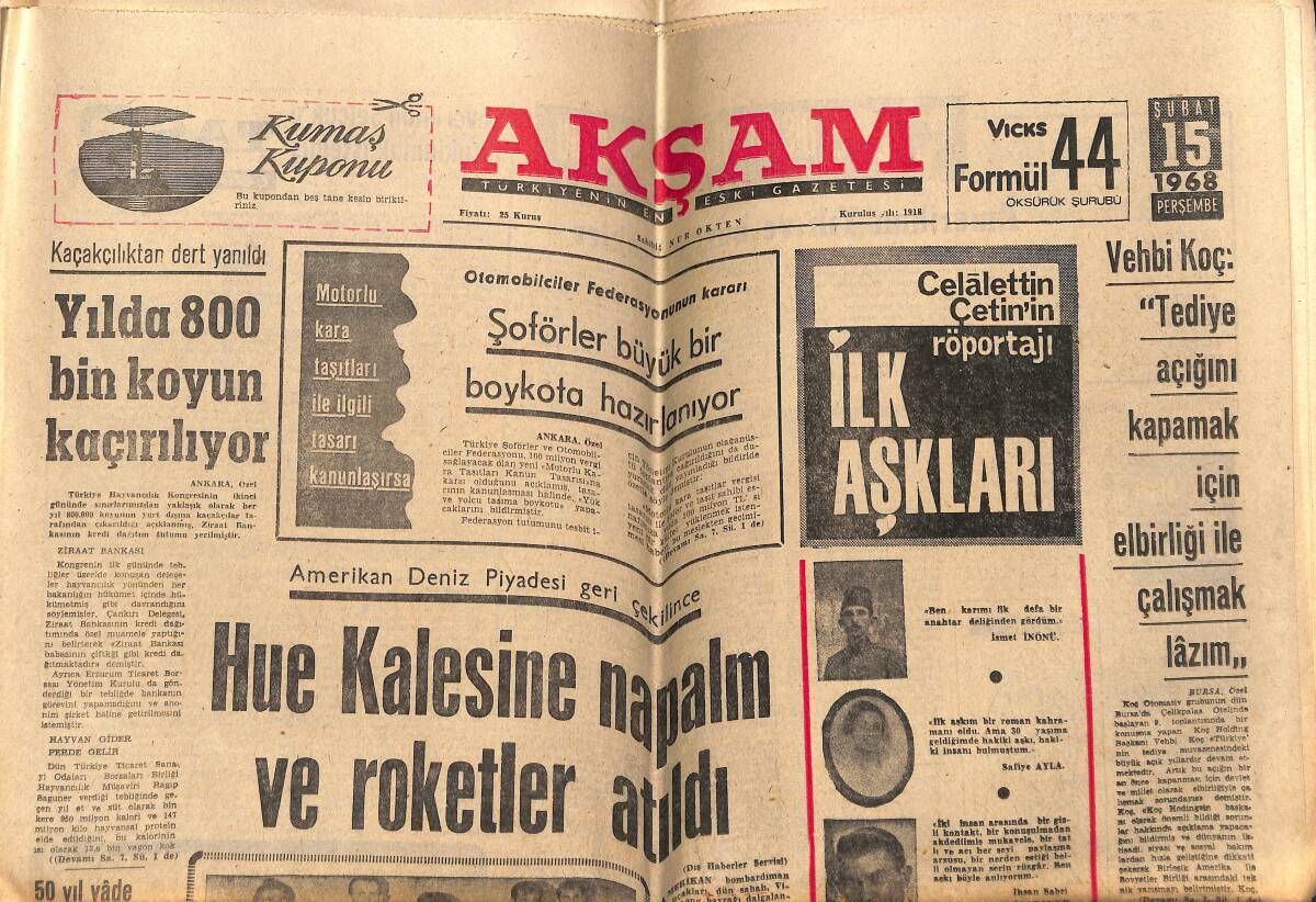 Akşam Gazetesi 15 Şubat 1968 - İsmet İnönü Ve Çiçekçi Kız - Vehbi Koç: Tediye Açığını Kapatmak İçin Elbirliği İle Çalışmak Lazım GZ149043 - 1