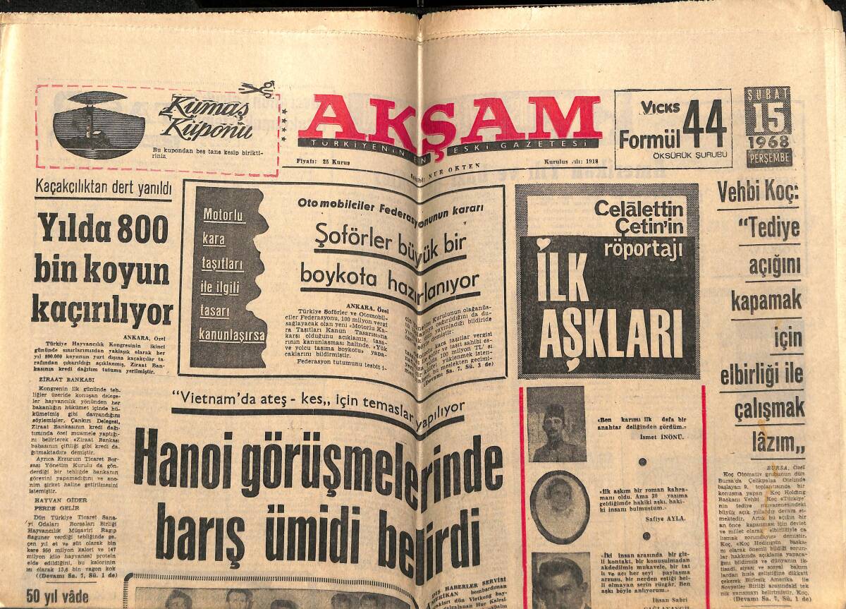 Akşam Gazetesi 15 Şubat 1968 - İsmet İnönü Ve Çiçekçi Kız - Vehbi Koç: Tediye Açığını Kapatmak İçin Elbirliği İle Çalışmak Lazım GZ149044 - 1