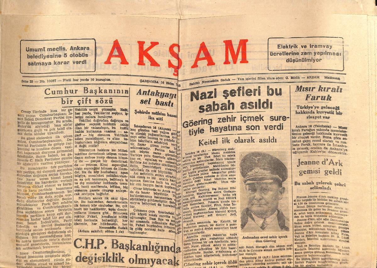 Akşam Gazetesi 16 Ekim 1948 - Nazi Şefleri Bu Sabah Asıldı - Asılmadan Önce Zehir İçerek Ölen Göering GZ146796 - 1