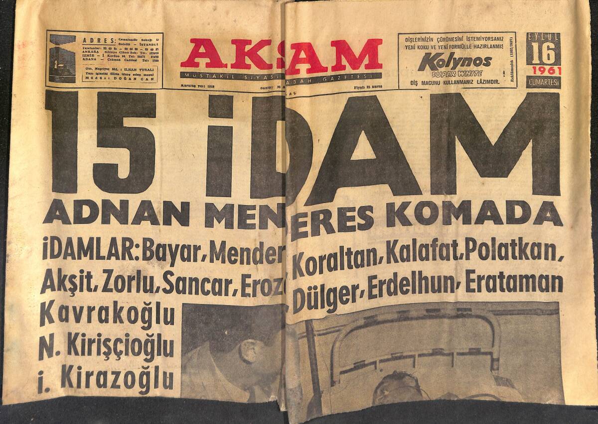 Akşam Gazetesi 16 Eylül 1961 - Adnan Menderes Komada - 123 Beraet Var.449 Kişiye Hapis Verildi GZ152776 - 1