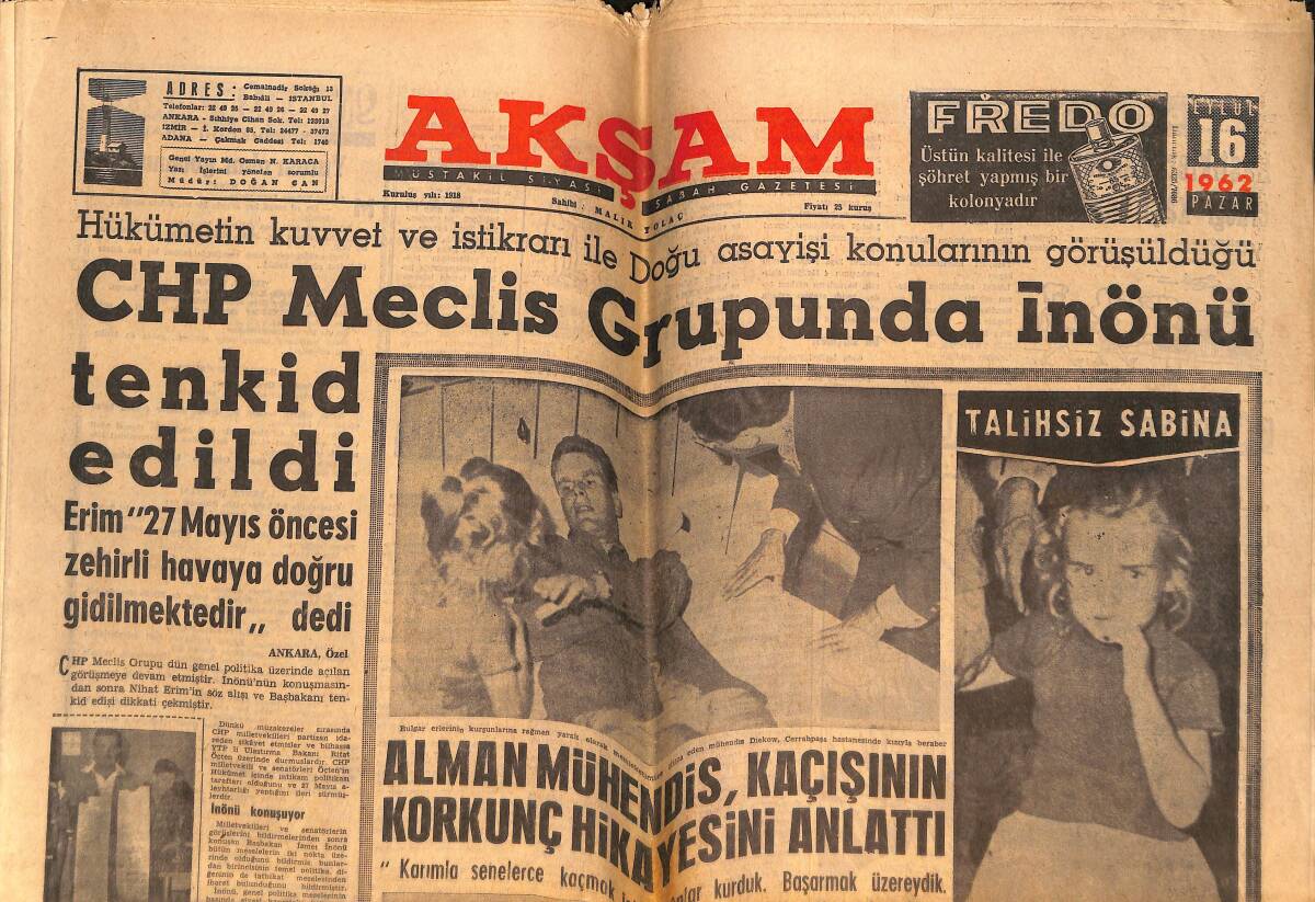 Akşam Gazetesi 16 Eylül 1962 - Dinçer,AP Liderine Sert Cevap Verdi - Erim 27 Mayıs Öncesi Zehirli Havaya Doğru Gidilmektedir Dedi GZ149059 - 1